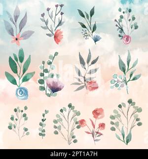 Auswahl an wässrigen Blättern und Blumen Stock Vektor