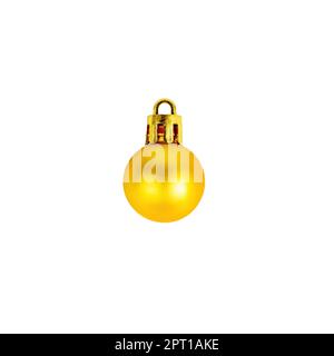 Kleine goldgelbe runde Weihnachtskugeldekoration für Tannenbaum isoliert auf weißem Hintergrund. Stockfoto