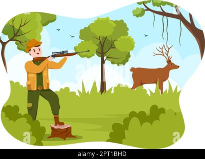 Jäger mit Jagdgewehr oder Waffe Schießen auf Vögel oder Tiere im Wald auf flache Cartoon Hand Zeichnung Vorlage Illustration Stock Vektor