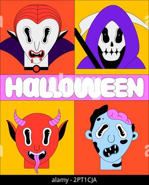 Halloween-Feiertage. Bunte, gruselige Fantasiefiguren in Rahmen. Vampir Dracula, Sensenmann, Teufel, Zombie. Cartoon, gruselige Porträts und Schriftzeichen. Schwarzer Umriss. Poster, Abdruck auf Kleidung, Postkarte Stock Vektor