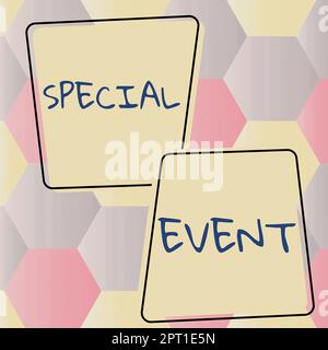 Schreiben mit Text für Sonderveranstaltung, Geschäftsidee-Funktion, um Geld für gemeinnützige Zwecke zu generieren, eine überfüllte Gelegenheit Stockfoto