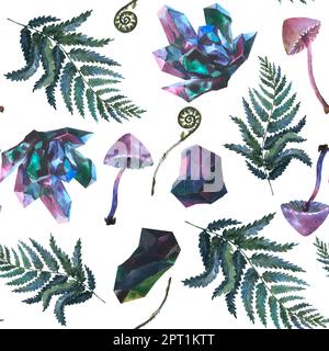 Wasserfarbenes, nahtloses Muster mit Semiprecious aus blauen und violetten Kristallen, fantasievollen toxischen Halloween-Pilzen und Fern. Handgezeichnete Illustration Stockfoto