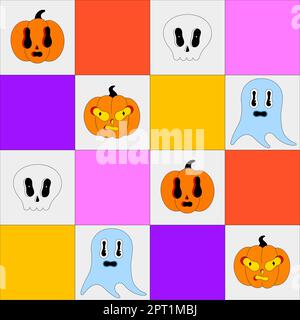 Nahtloses Halloween-Muster. Bunte, gruselige Figuren auf hellem Karohintergrund. Kürbisse, Geist, menschlicher Schädel. Ein beängstigender Zeichentrickfilm. Tapete, Druck auf Kleidung, Geschenkpapier Stock Vektor