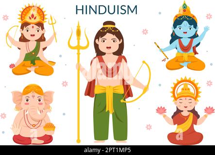 Hinduismus verschiedener indischer Gott flacher Hintergrund Cartoon Handgezeichnete Vorlagen Illustration Stock Vektor