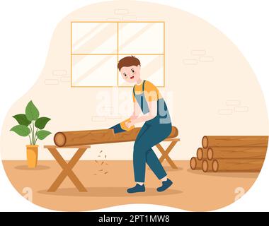 Menschen Baumschnitt und Holz mit LKW, Kettensäge Holz und Werkzeuge Protokollierung im Wald auf flachen Cartoon Handgezeichnete Vorlagen Illustration Stock Vektor