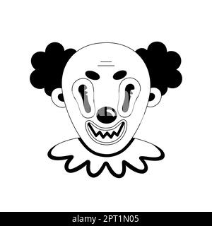 Unheimlicher Clown. Halloween gruselige Cartoon-Figur isoliert auf weißem Hintergrund. Schwarzer Umriss. Aufkleber, Aufdruck auf Kleidung, Notebooks und Handyhüllen. Vektordarstellung Stock Vektor