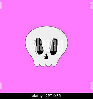 Schädel. Ein unheimliches Halloween-Cartoon-Objekt, isoliert auf pinkfarbenem Hintergrund. Flache Ausführung mit schwarzer Umrandung. Posrer, Postkarte, Abdruck auf Kleidung. Vektordarstellung Stock Vektor