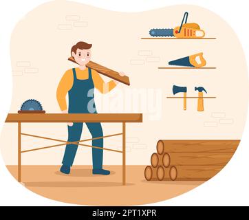 Menschen Baumschnitt und Holz mit LKW, Kettensäge Holz und Werkzeuge Protokollierung im Wald auf flachen Cartoon Handgezeichnete Vorlagen Illustration Stock Vektor