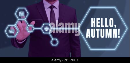 Text mit Inspiration Hallo, Herbst, Internet-Konzept-Begrüßung, die verwendet wird, wenn der Wechsel vom Sommer zum Winter angenommen wird Stockfoto