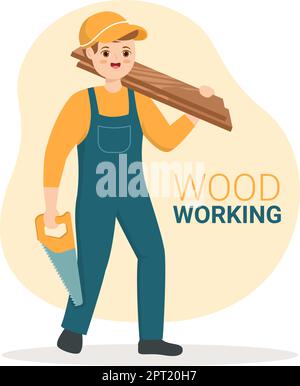 Holzbearbeitung mit Holzschnitt durch modernen Handwerker und Arbeiter unter Verwendung des Werkzeugsatzes in der Abbildung der handgezeichneten flachen Cartoon-Vorlage Stock Vektor