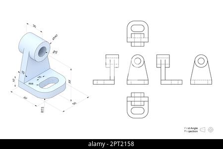 Technische Zeichnung eines 3D-Modells mit perspektivischer und orthogonaler Ansicht. Projektionsmethode für den ersten Winkel. Teil einer Serie. Stockfoto