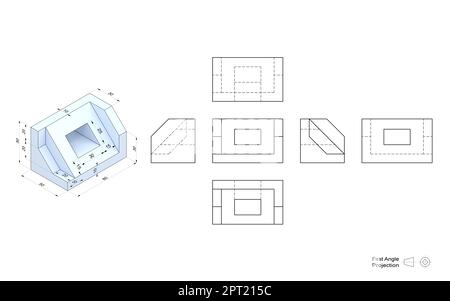 Technische Zeichnung eines 3D-Modells mit perspektivischer und orthogonaler Ansicht. Projektionsmethode für den ersten Winkel. Teil einer Serie. Stockfoto