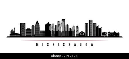 Horizontales Banner der Skyline von Mississauga. Schwarz-weiße Silhouette von Mississauga, Ontario. Vektorvorlage für Ihre Konstruktion. Stockfoto