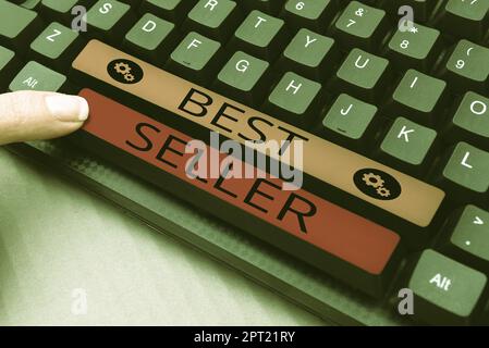 Schild mit der Aufschrift „Bestseller, Internet Concept“ (Bestseller, Internetkonzept), einem in großen Mengen produzierten gut mit hohem Kaufaufkommen Stockfoto