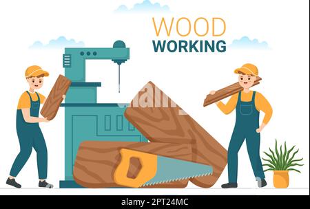 Holzbearbeitung mit Holzschnitt durch modernen Handwerker und Arbeiter unter Verwendung des Werkzeugsatzes in der Abbildung der handgezeichneten flachen Cartoon-Vorlage Stock Vektor