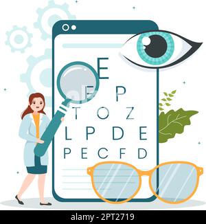 Optometrist with Ophthalmologist Checks Patient Sight, Optical Eye Test and Brillen Technology in Flat Cartoon Hand Drawn Templates Illustration Stock Vektor