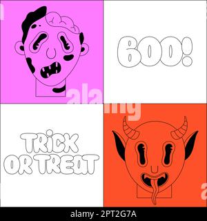 Halloween-Feiertage. Schwarze, gruselige Fantasy-Figuren in hellen Rahmen. Ich gehe tot, Teufel. Buh und Süßes oder Saures Schriftzug. Unheimliche Cartoon-Porträts. Schwarzer Umriss. Poster, Abdruck auf Kleidung, Postkarte Stock Vektor