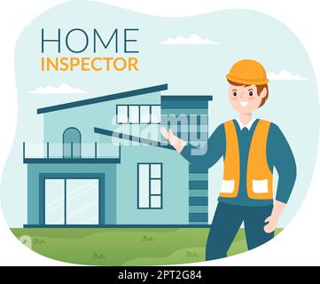 Home Inspector prüft den Zustand des Hauses und schreibt einen Bericht für Wartung Miete Suche auf Wohnung Cartoon Hand gezeichnet Vorlage Illustration Stock Vektor