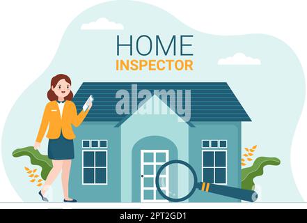 Home Inspector prüft den Zustand des Hauses und schreibt einen Bericht für Wartung Miete Suche auf Wohnung Cartoon Hand gezeichnet Vorlage Illustration Stock Vektor