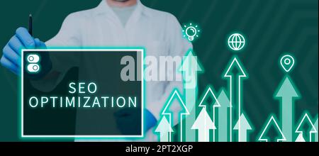 Konzeptunterschrift Seo Optimization, Konzeptfoto vermitteln zwischen Kundenbedürfnissen und strategischer Absicht des Unternehmens Stockfoto