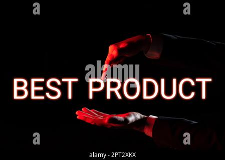 Schild mit der Aufschrift „Bestes Produkt“, „Wort für ein bestimmtes gut“, das von seiner Vielfalt sehr geschätzt wird Stockfoto