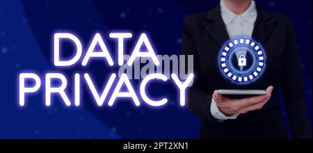 Schild zur Anzeige des Datenschutzes, Word für Internetsicherheit und digitalen Schutz der Website oder Landing Homepage Stockfoto