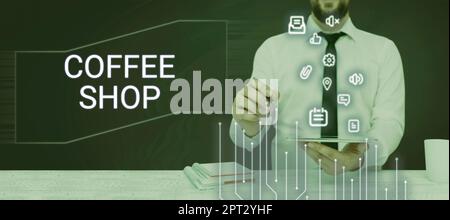 Schriftzug Coffee Shop, Business präsentiert ein Restaurant, das hauptsächlich Kaffee und leichte Mahlzeiten serviert Stockfoto