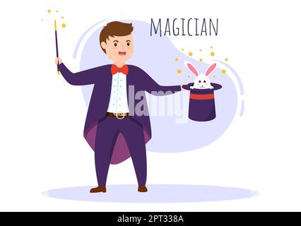 Zauberer Illusionist beschwört Tricks und winkt einen Zauberstab über seinen geheimnisvollen Hut auf einer Bühne in Template Hand Drawn Cartoon Flat Illustration Stockfoto