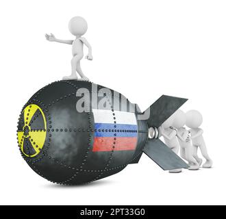 Kleine Männer schieben eine Atombombe mit dem Bild der russischen Flagge. 3D Rendern. Stockfoto