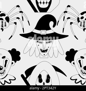 Nahtloses Halloween-Muster. Schwarze, gruselige Fantasiefiguren auf weißem Hintergrund. Hexe, giftige Spinne, gruseliger Clown Seelensammler. Unheimliche Cartoon-Porträts. Tapete, Druck auf Kleidung, Geschenkpapier Stock Vektor