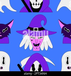 Nahtloses Halloween-Muster. Bunte, gruselige Fantasiefiguren auf blauem Hintergrund. Hexe, Katze, Seelensammler, Geist. Unheimliche Cartoon-Porträts. Schwarzer Umriss. Tapete, Druck auf Kleidung, Geschenkpapier Stock Vektor