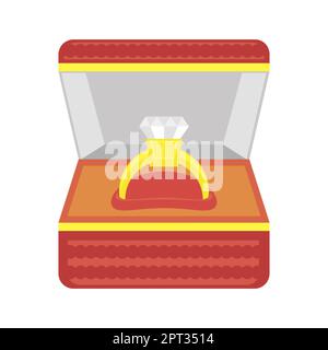 Offene Ringbox mit Goldring und Diamant isoliert auf weißem Hintergrund. Stockfoto