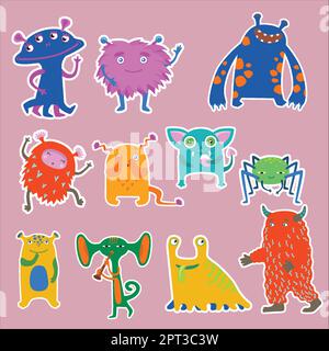 Lustiger Aufkleber Mit Bunten Monstern Stock Vektor