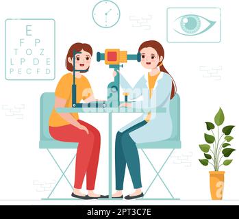 Optometrist with Ophthalmologist Checks Patient Sight, Optical Eye Test and Brillen Technology in Flat Cartoon Hand Drawn Templates Illustration Stock Vektor