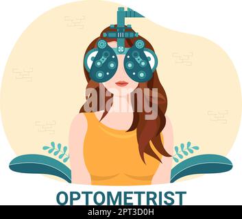 Optometrist with Ophthalmologist Checks Patient Sight, Optical Eye Test and Brillen Technology in Flat Cartoon Hand Drawn Templates Illustration Stock Vektor
