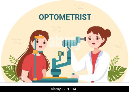 Optometrist with Ophthalmologist Checks Patient Sight, Optical Eye Test and Brillen Technology in Flat Cartoon Hand Drawn Templates Illustration Stock Vektor