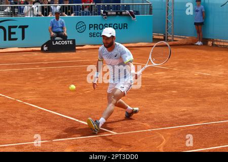 Madrid, Spanien. 27. April 2023. Corentin Moutet (FRA) Tennis : Corentin Moutet während der Einzelrunde von 128 gegen Yosuke Watanuki auf der ATP Tour Masters 1000 "Mutua Madrid Open Tennis Turnier" im Caja Magica in Madrid, Spanien . Kredit: Mutsu Kawamori/AFLO/Alamy Live News Stockfoto