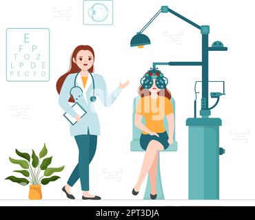 Optometrist with Ophthalmologist Checks Patient Sight, Optical Eye Test and Brillen Technology in Flat Cartoon Hand Drawn Templates Illustration Stock Vektor
