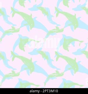 Nahtloses Aquarellmuster von Silhouetten blauer Delfine. Illustration von Meerestieren und Fischen. Ozean und Meeresleben Hintergrund. Design für Stoff Stockfoto
