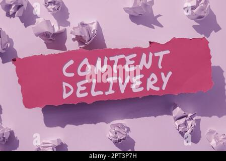 Textschild mit Content Delivery, Word auf Methode zum Studieren von Dokumenten geschrieben und Kommunikationsartefakte ersetzen altes Wallpaper Design, Erstellen Stockfoto