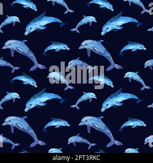 Nahtloses Aquarellmuster von Silhouetten blauer Delfine. Illustration von Meerestieren und Fischen. Ozean und Meeresleben Hintergrund. Design für Stoff Stockfoto