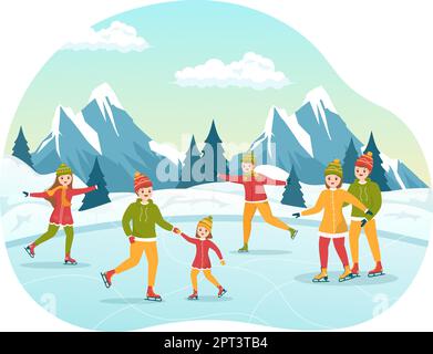 Abbildung: Herren, Damen und Kinder Schlittschuhlaufen auf der Eisbahn in Winterkleidung für Outdoor-Aktivitäten in flachen, handgezeichneten Cartoon-Vorlagen Stock Vektor