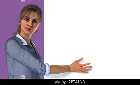 Junge Frau hält und zeigt weiße Plakatwand Leinwand leer Kopie Raum rosa lila Hintergrund 3D Illustration Stockfoto