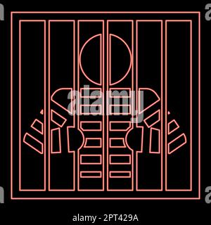 Neon Häftling hinter Gittern hält Stangen mit seinen Händen Angry man beobachtet durch Gitter im Gefängnis Konzept rote Farbe Vektor Illustration flacher Stil Stock Vektor