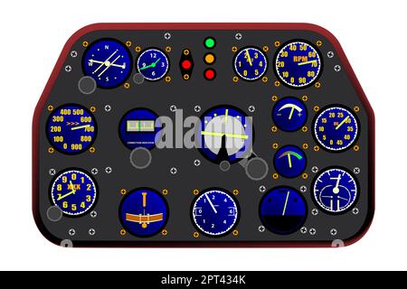 Control Panel eines Kampfflugzeugs aus dem Zweiten Weltkrieg mit Zifferblättern und Guages isoliert auf weißem Hintergrund Stockfoto