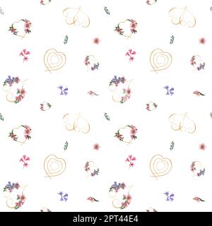Wasserfarbenes, nahtloses romantisches Muster von Hellebores, goldenen Herzen und Pflanzen isoliert auf weißem Hintergrund. Blumenmotiv für die Zimmereinrichtung, Drucke Stockfoto