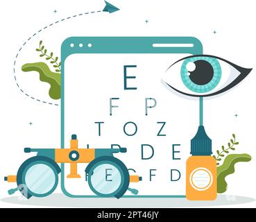 Optometrist with Ophthalmologist Checks Patient Sight, Optical Eye Test and Brillen Technology in Flat Cartoon Hand Drawn Templates Illustration Stock Vektor