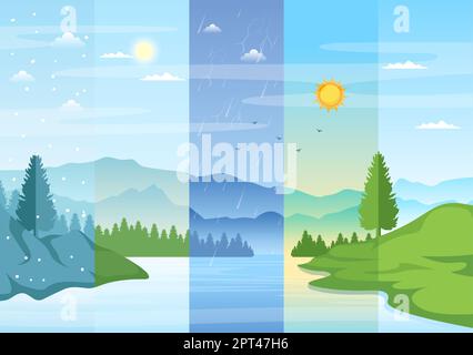 Arten von Wetterbedingungen mit sonnig, bewölkt, windigen, regnerisch, Schnee und stürmisch in Vorlage Hand gezeichnet Cartoon flache Illustration Stockfoto