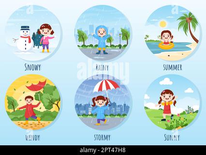 Arten von Wetterbedingungen mit sonnig, bewölkt, windigen, regnerisch, Schnee und stürmisch in Vorlage Hand gezeichnet Cartoon flache Illustration Stockfoto