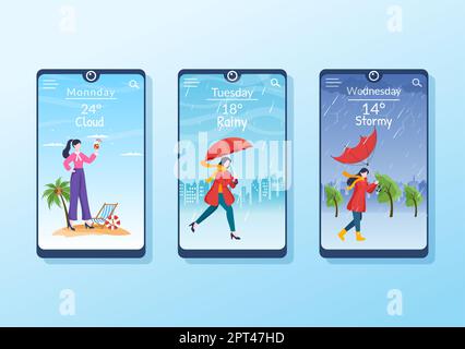 Arten von Wetterbedingungen mit sonnig, bewölkt, windigen, regnerisch, Schnee und stürmisch in Vorlage Hand gezeichnet Cartoon flache Illustration Stockfoto